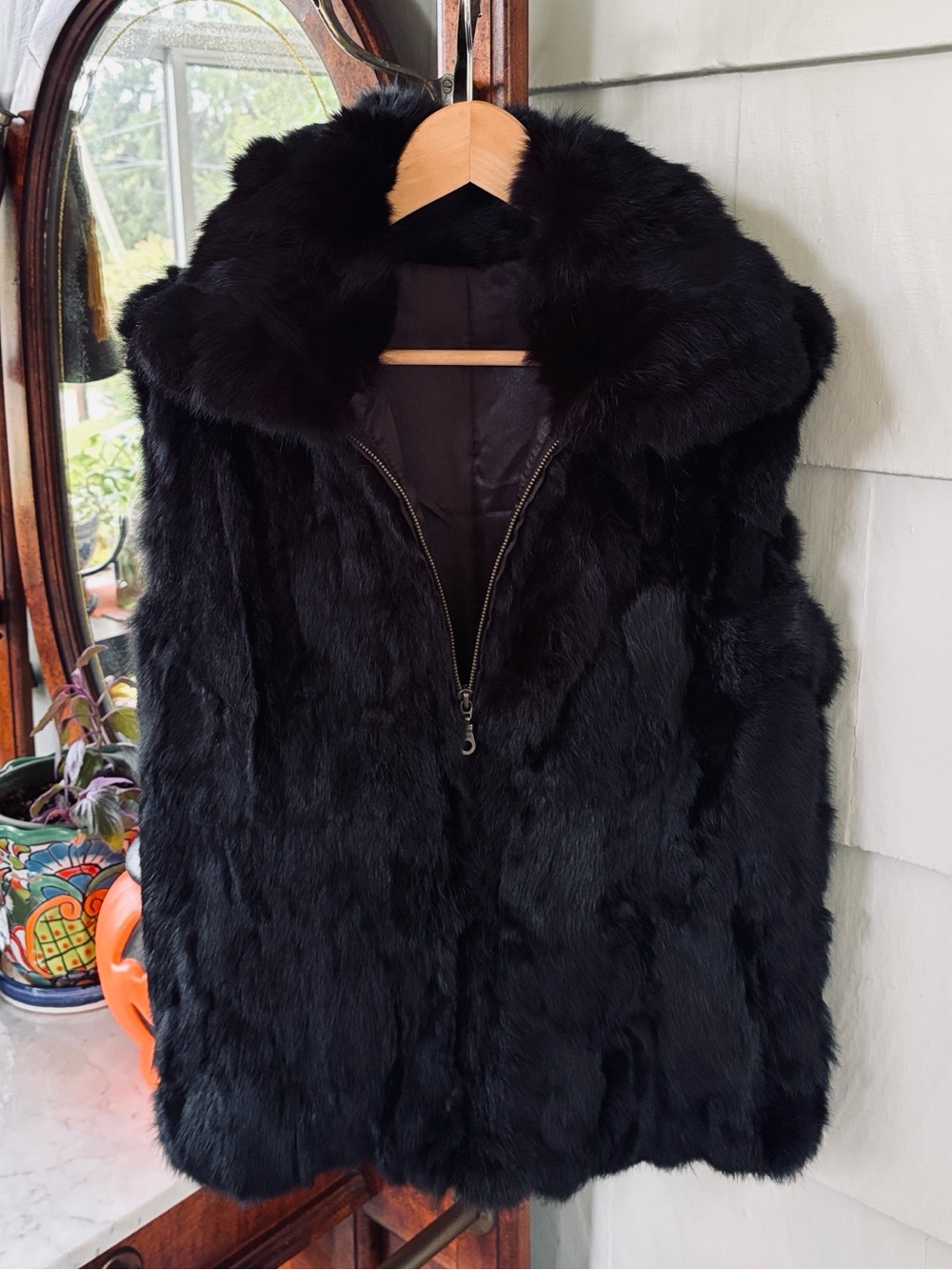 Surell Women's Black Genuine Rabbit Fur Vest with Zip Front
